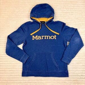 Marmot Mens Logo Hoodie Blue Yellow Pullover Sweatshirt Size Medium